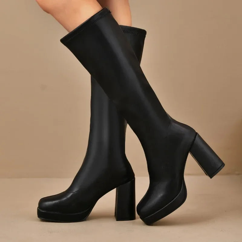 Sabrina Women's Thigh High Boots | Chunky Heel, Versatile Black Design