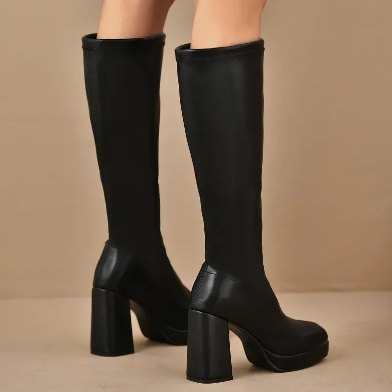 Sabrina Women's Thigh High Boots | Chunky Heel, Versatile Black Design