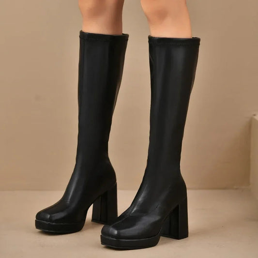 Sabrina Women's Thigh High Boots | Chunky Heel, Versatile Black Design