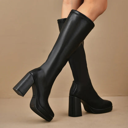 Sabrina Women's Thigh High Boots | Chunky Heel, Versatile Black Design