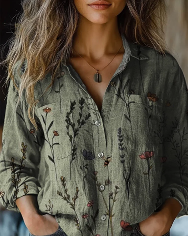 Grace Vintage Cotton Shirt for Women | Relaxed Long Sleeve, Army Green