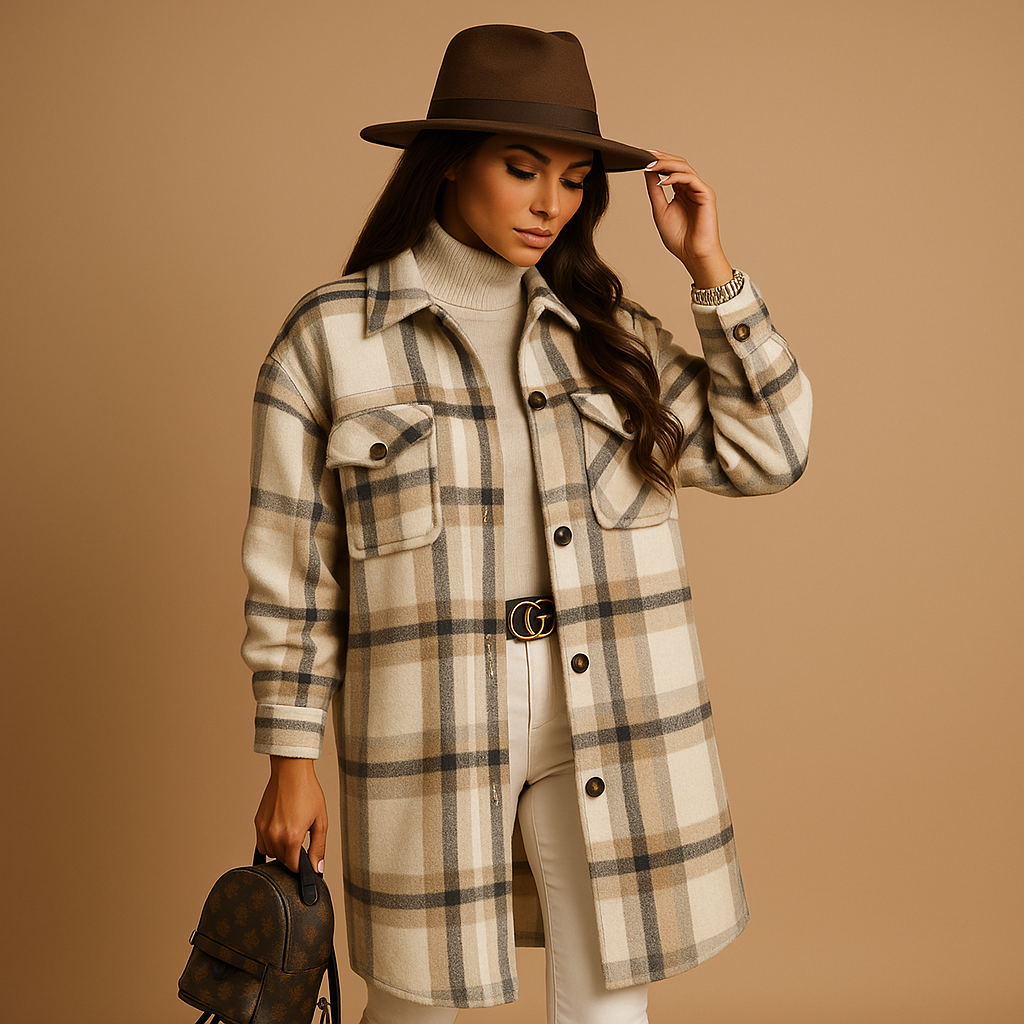 Melora Checked Coat for Women | Wool-Look Long Cut