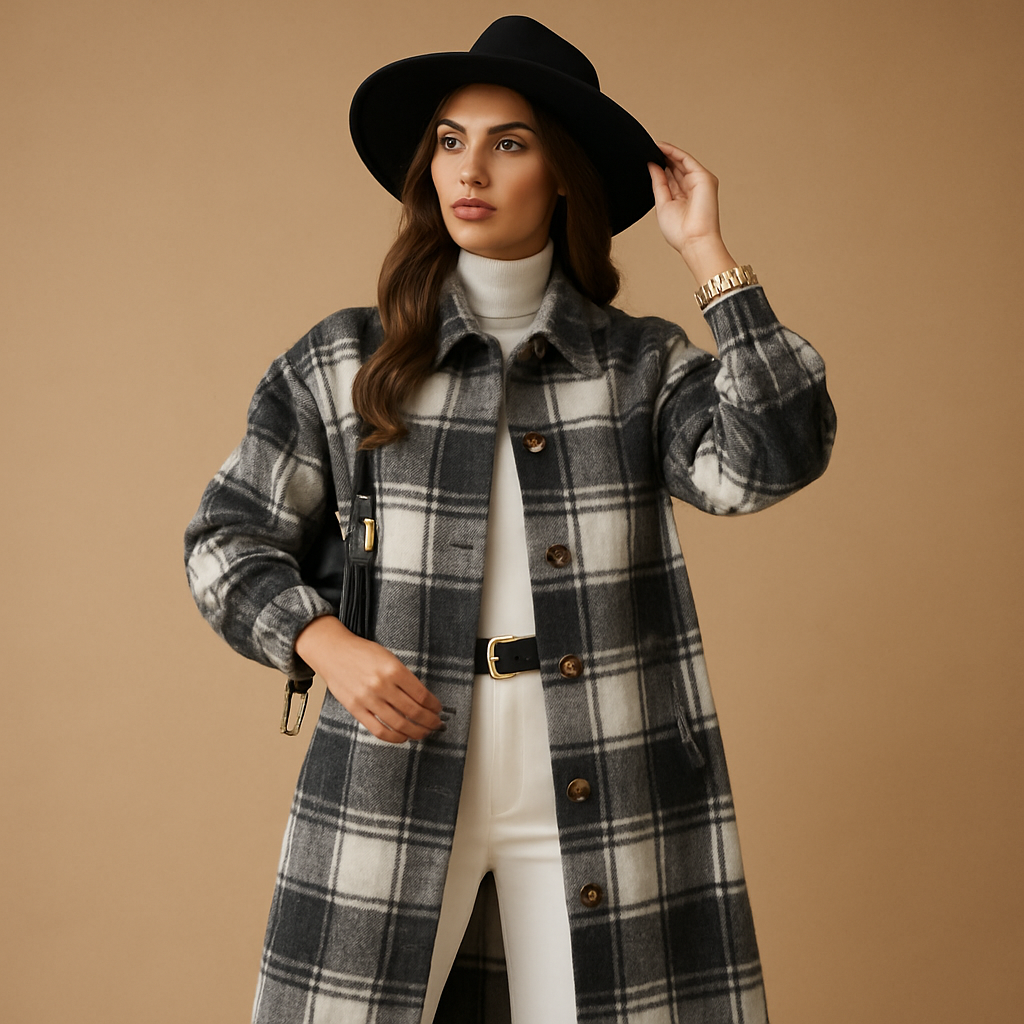 Melora Checked Coat for Women | Wool-Look Long Cut