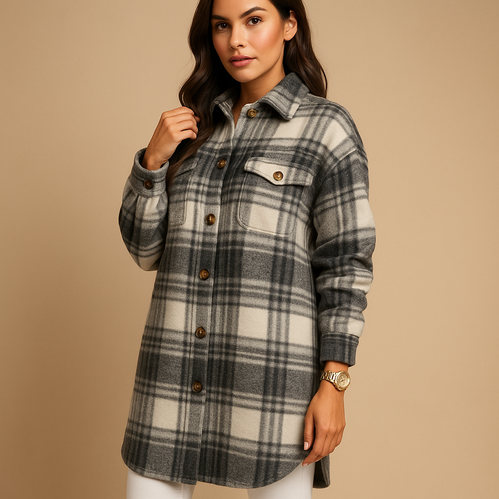 Melora Checked Coat for Women | Wool-Look Long Cut