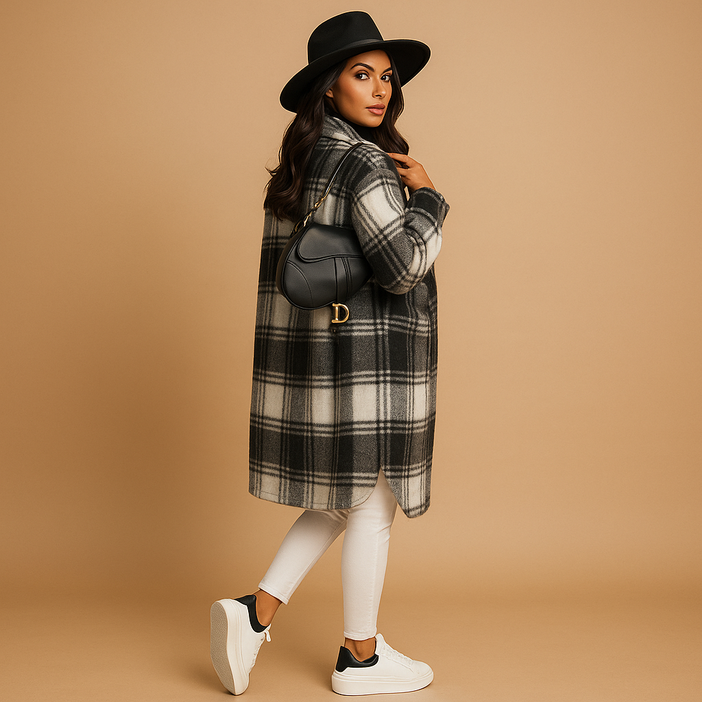 Melora Checked Coat for Women | Wool-Look Long Cut