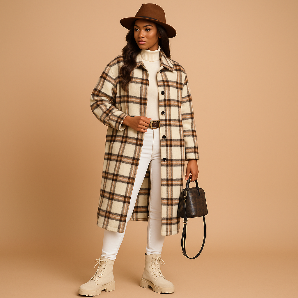 Melora Checked Coat for Women | Wool-Look Long Cut