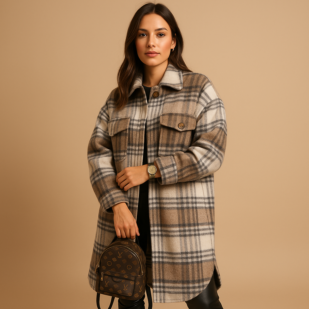 Melora Checked Coat for Women | Wool-Look Long Cut